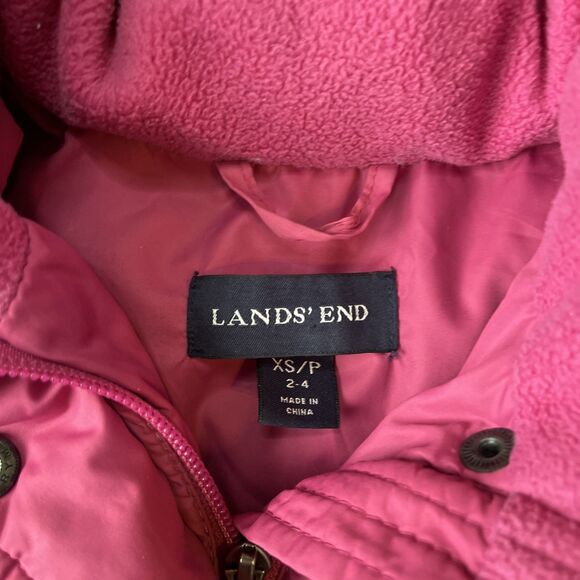 Lands End Down Puffer Jacket Women XS Petite 2-4 Pink Removeable Faux Fur Hood - Picture 2 of 8